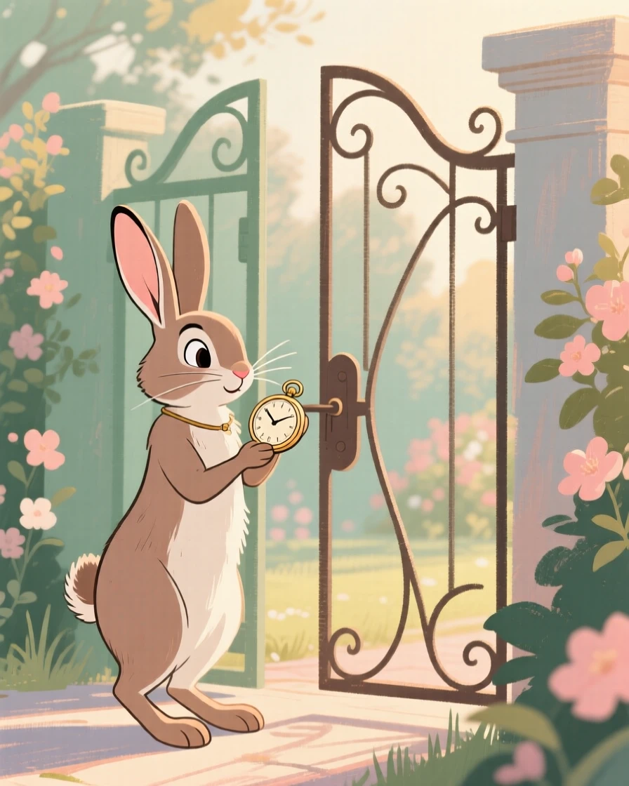 A talking rabbit checking a pocket watch beside a garden gate