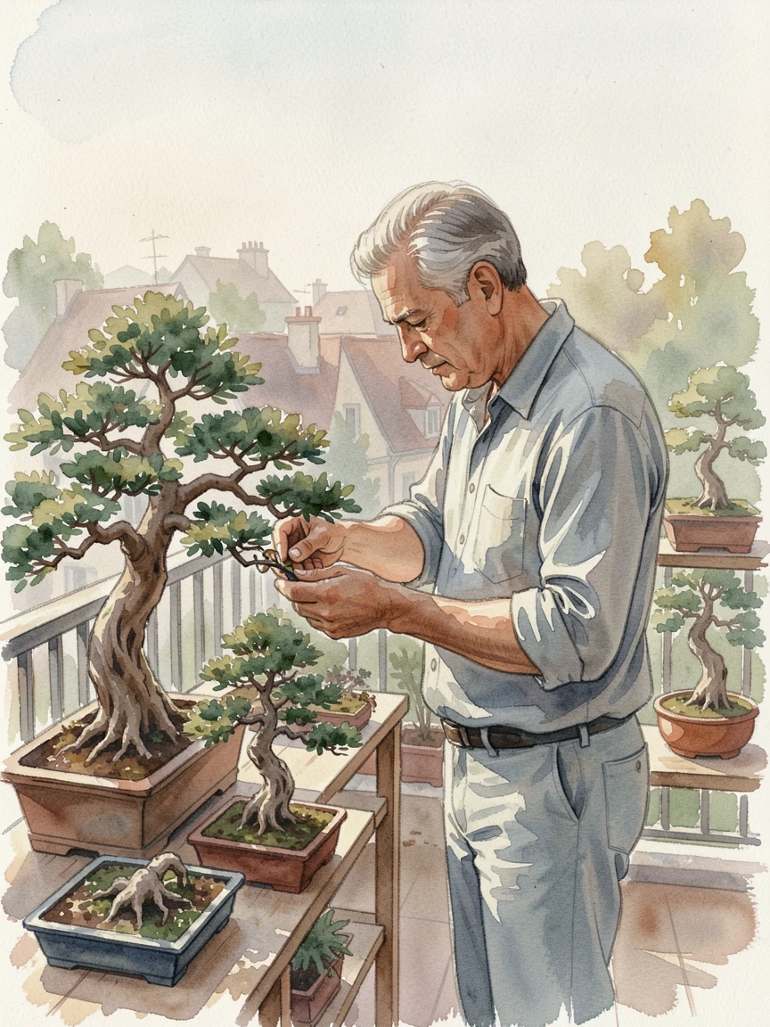 A man tending to bonsai trees on a balcony with focused, peaceful concentration.
