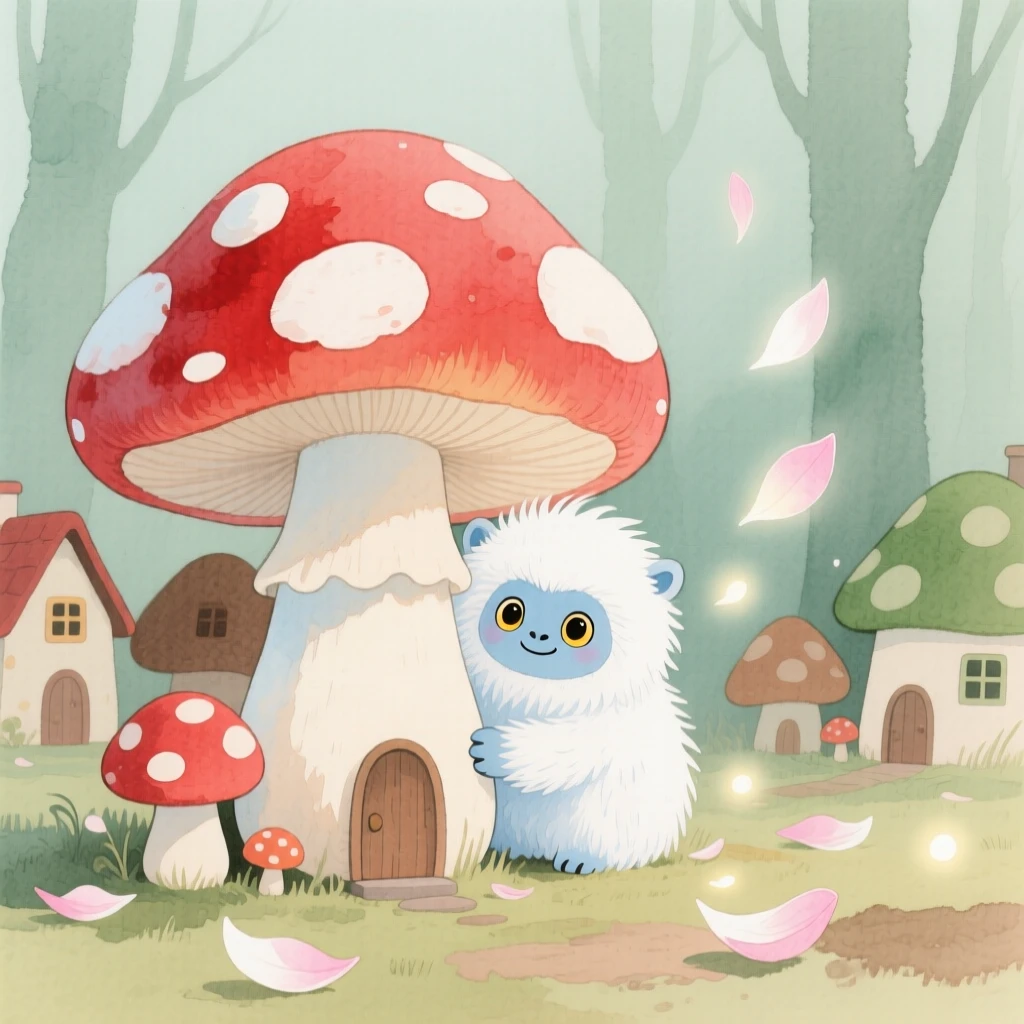 A tiny snow yeti cub peeks out from behind a giant mushroom in a village of tiny mushroom houses, surrounded by softly glowing petals