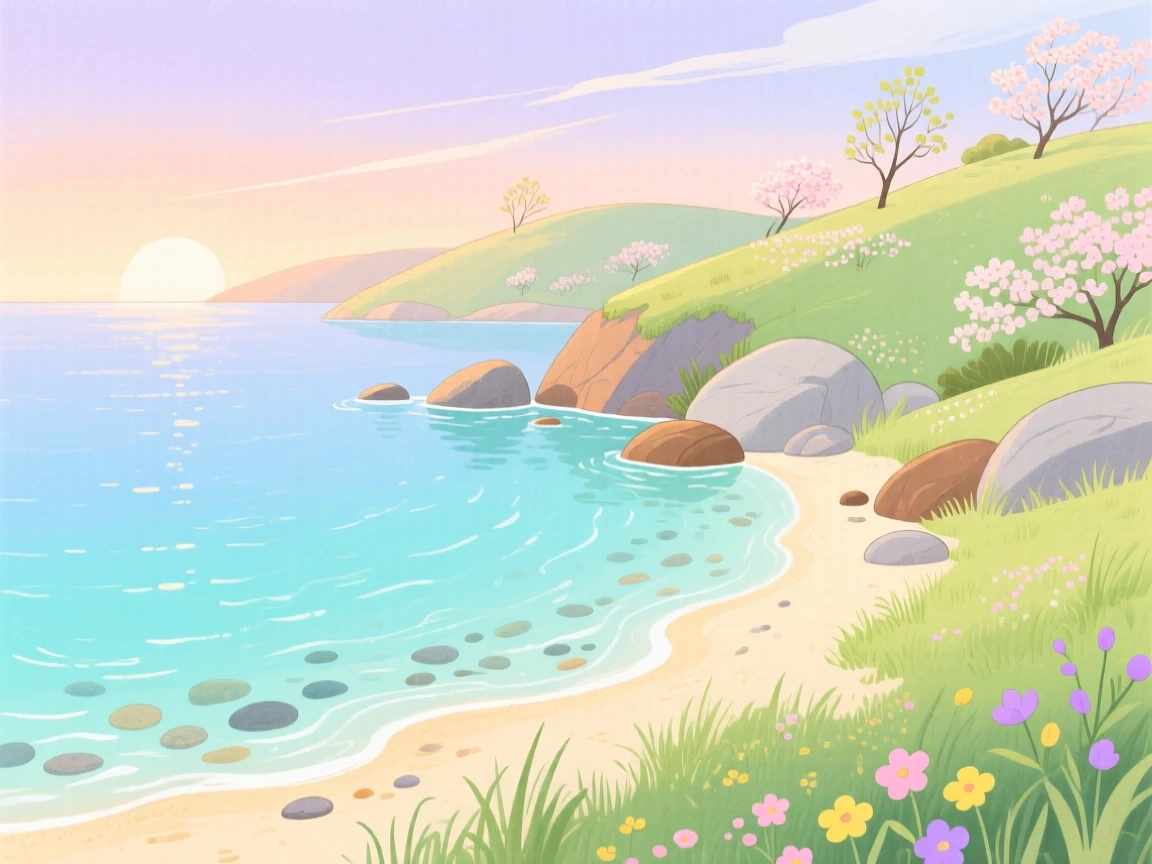 A secluded cove with crystal-clear water, peaceful and vast, at first light in spring.