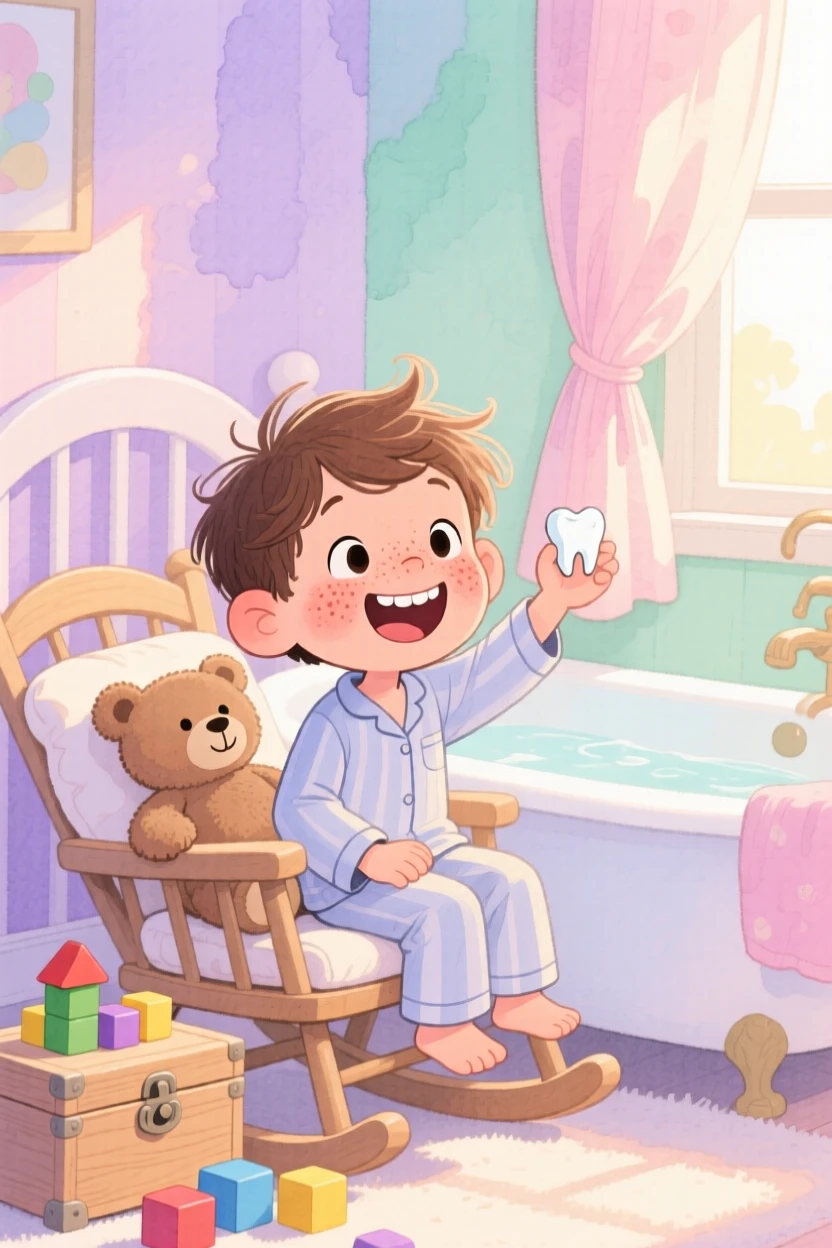 A little boy with freckles showing off a gap-toothed grin after losing a tooth, in a cozy nursery with soft pastel light, capturing the pure joy of childhood wonder.