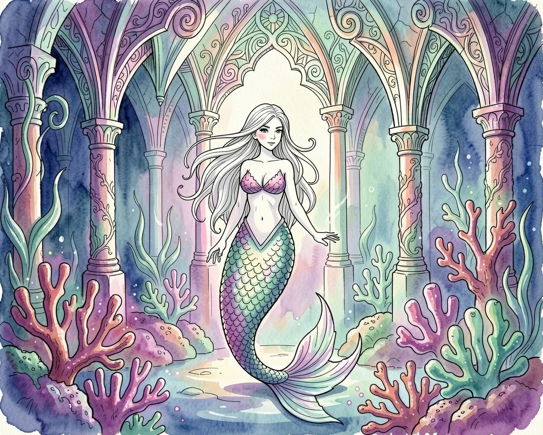 A mermaid's underwater palace glowing with bioluminescent coral, an air of wonder and quiet mystery throughout.