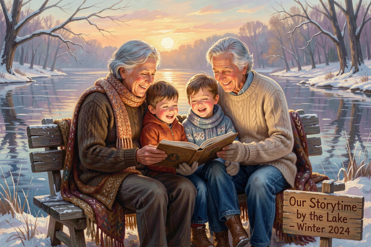 Grandparents reading a story to their grandchildren, beside a lake during a warm summer evening, laughter shared over a simple, joyful moment, during a cozy winter evening.