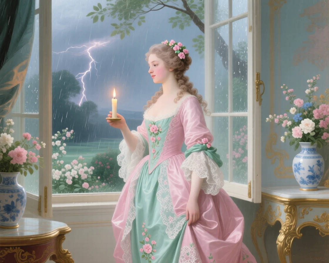 A lady holding a candle beside an open window during a summer storm  