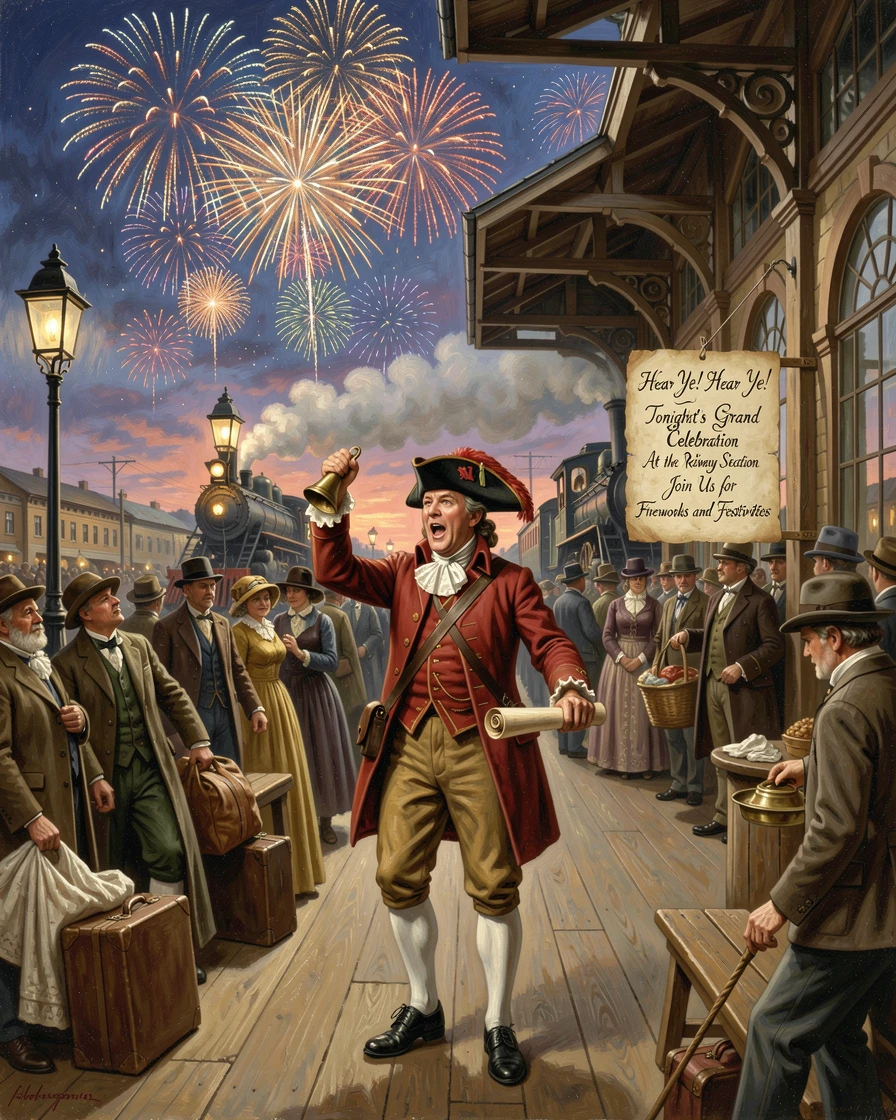 A town crier fills a busy train station platform beneath a sky full of fireworks.
