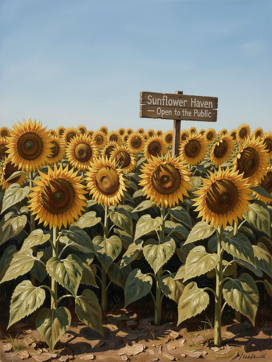 A summer sunflower field in full bloom beneath a bright blue sky, with warm, inviting light glowing throughout the scene, capturing the warmth, joy, and magic of the season