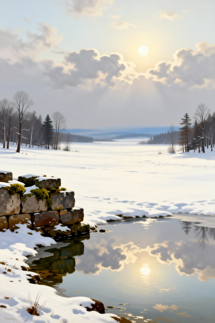 A snow-covered forest clearing beneath a pale winter sun stretching endlessly toward a hazy, distant horizon, set beside the remnants of an old stone wall or ruin, with clouds mirrored perfectly in still, glassy water; a single striking element anchors an otherwise open, breathing composition, filled with calm, restorative beauty.