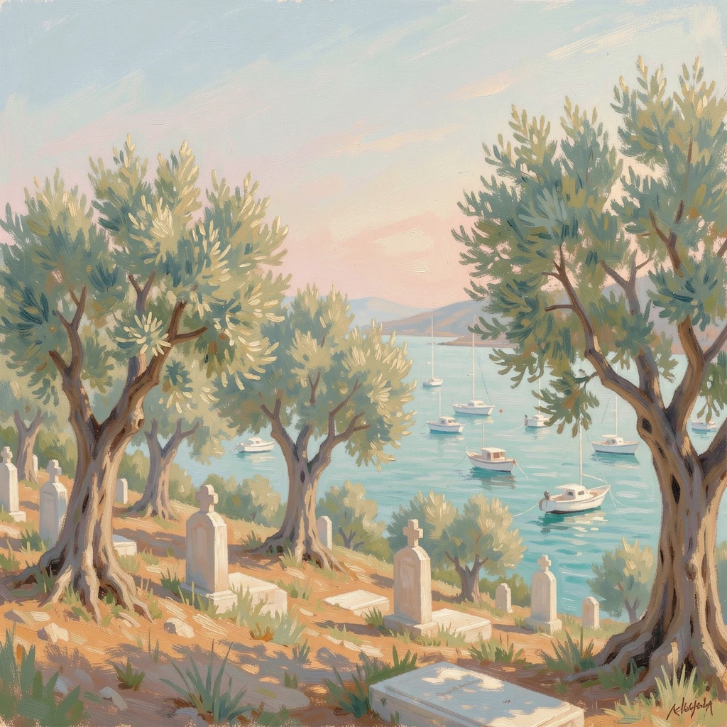 A hillside cemetery of ancient olive trees overlooking a sunlit Greek harbor dotted with white boats, radiating serenity and gentle stillness.