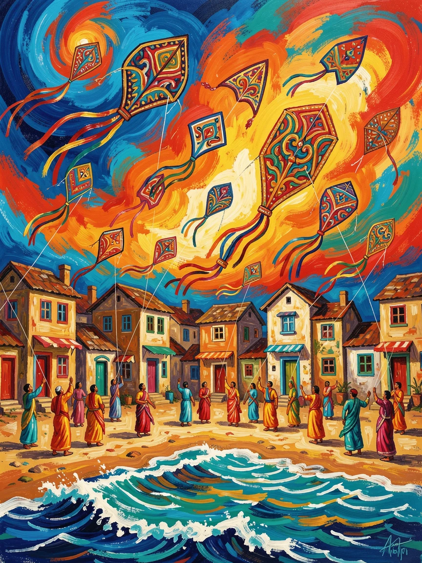 A colorful kite festival filling the sky above a coastal Indian village.
