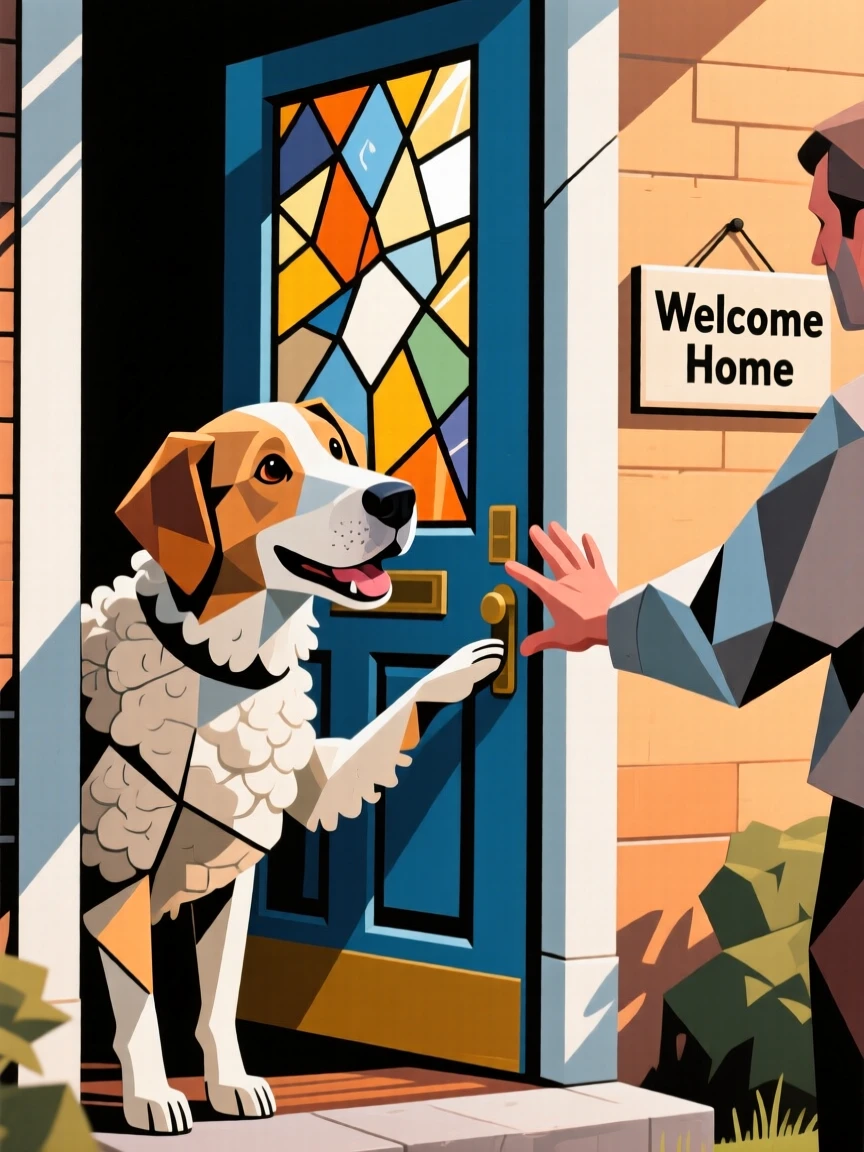 A charming close-up of a loyal old sheepdog greeting its owner at the front door with excitement on a bright afternoon.