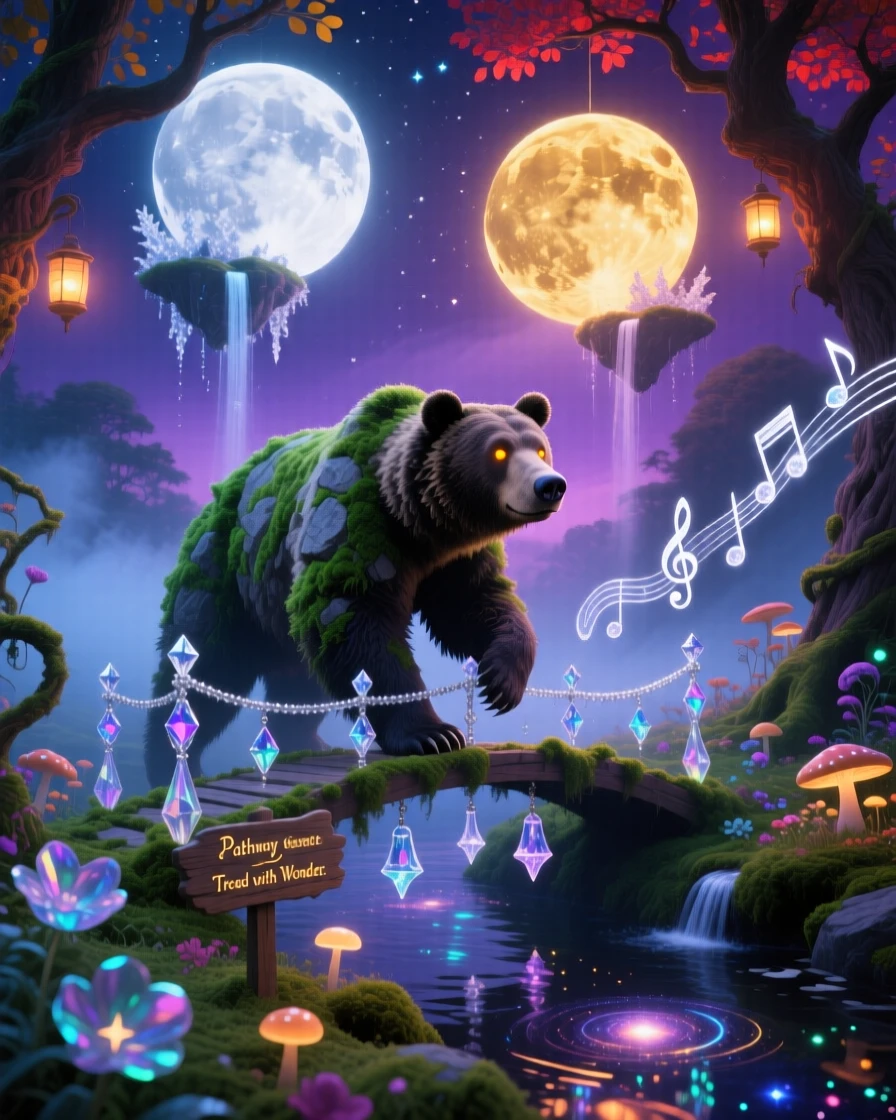 A bear made of moss and stone walking through a quiet glade walks across a bridge suspended between two moons, while soft chimes seem to ring with each of its movements.