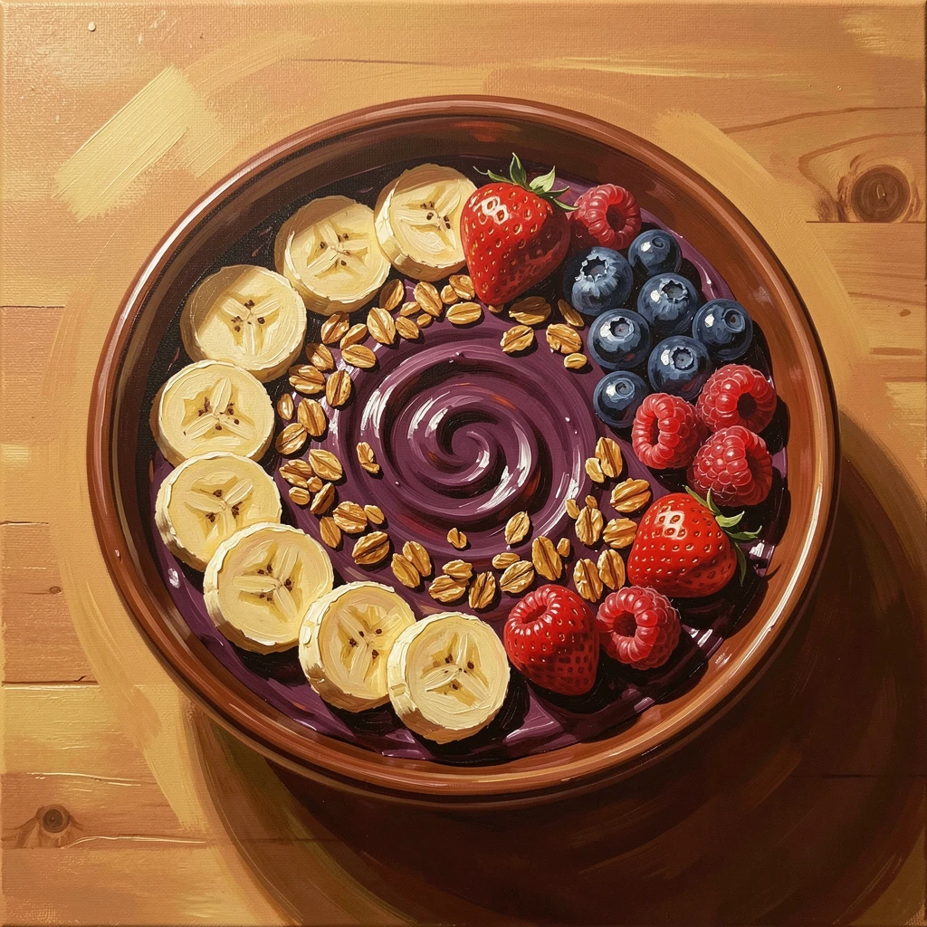 A vibrant Brazilian açaí bowl is topped with fresh banana, granola, and berries, arranged in a beautiful spiral pattern, a sense of warmth and hospitality conveyed through the careful arrangement of the meal.