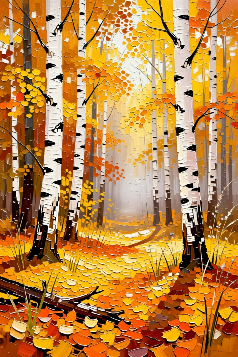 A quiet birch forest in Russia with golden autumn leaves carpeting the forest floor