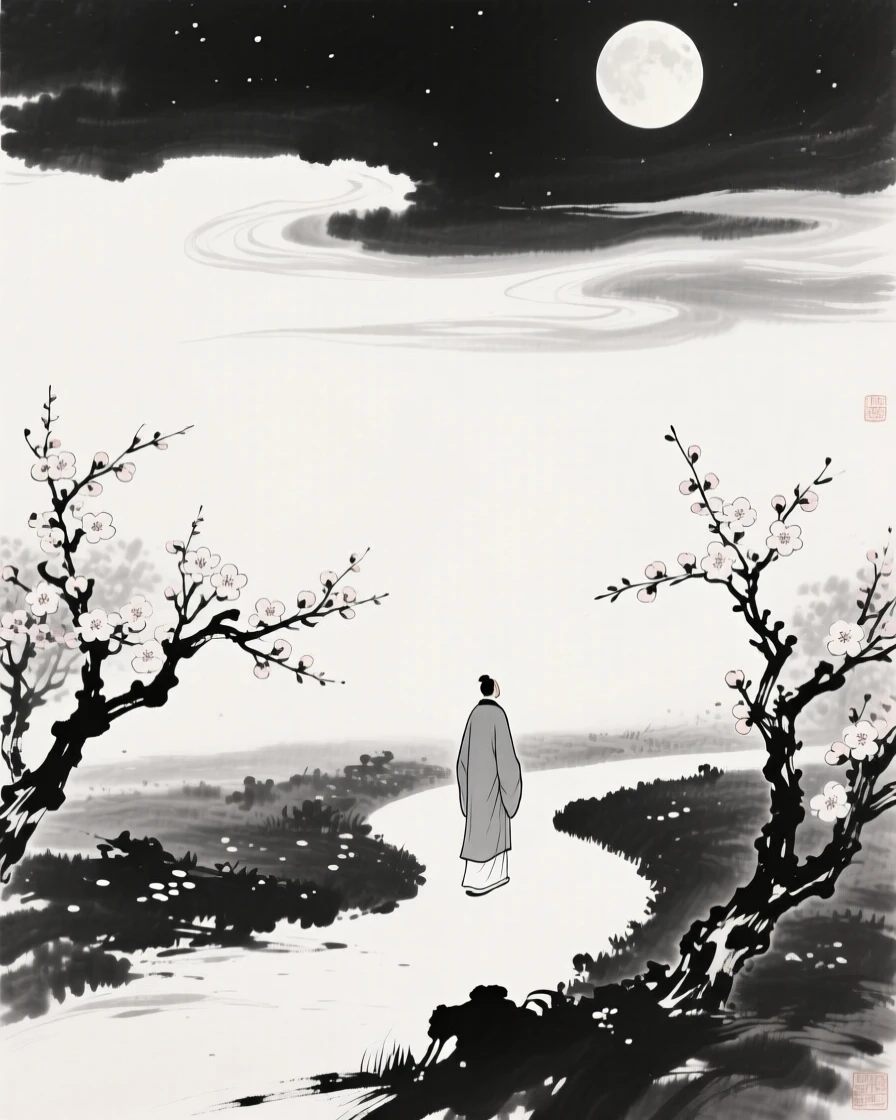 A lone figure walks along a moonlit garden path beneath blossoming trees, with clouds drifting slowly across the night sky.