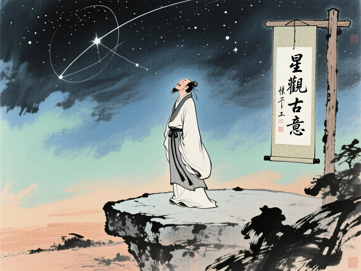 An ancient astronomer observing the stars from a stone platform at night, suffused with quiet joy.