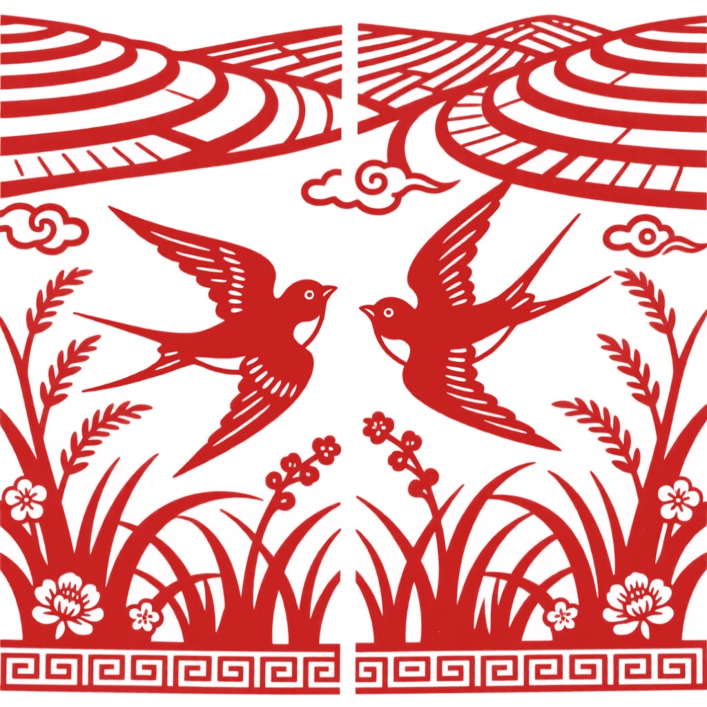 A pair of swallows, leaping through a field of tall grass, set against a backdrop of distant terraced fields.