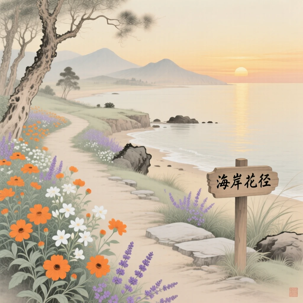 A coastal path lined with wildflowers at sunrise, reflections of the mountains rippling in still water
