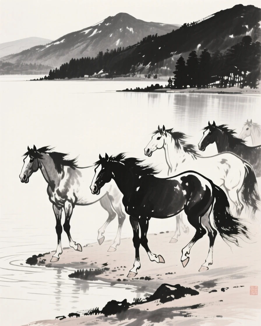 A herd of wild horses pausing at the edge of a quiet clearing beside a tranquil mountain lake, framed low to the ground for an intimate, close perspective, conveying quiet strength and natural grace.