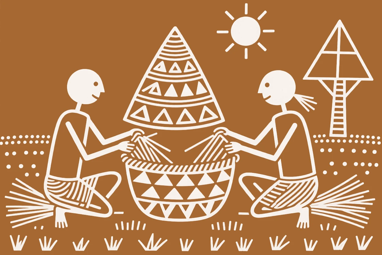 Two farmhands weaving a basket from dried reeds.