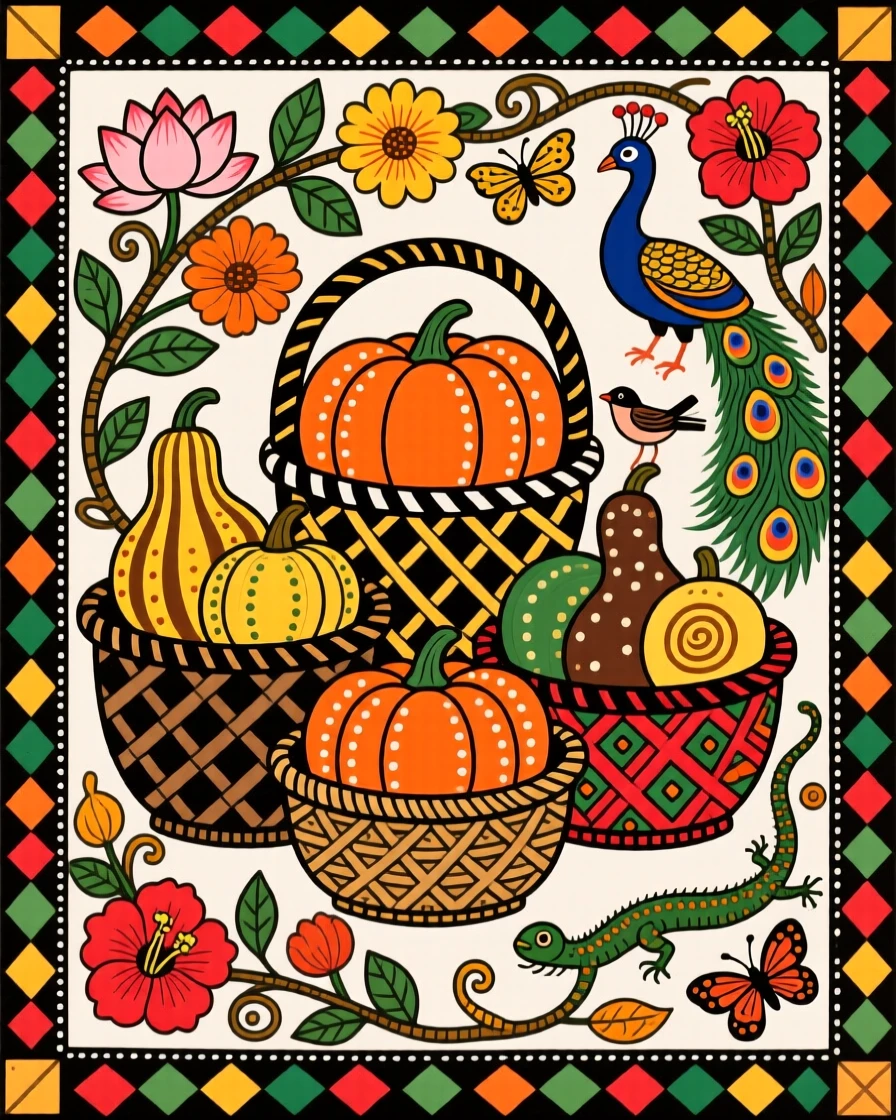 A still life of woven baskets filled with autumn squash and gourds.