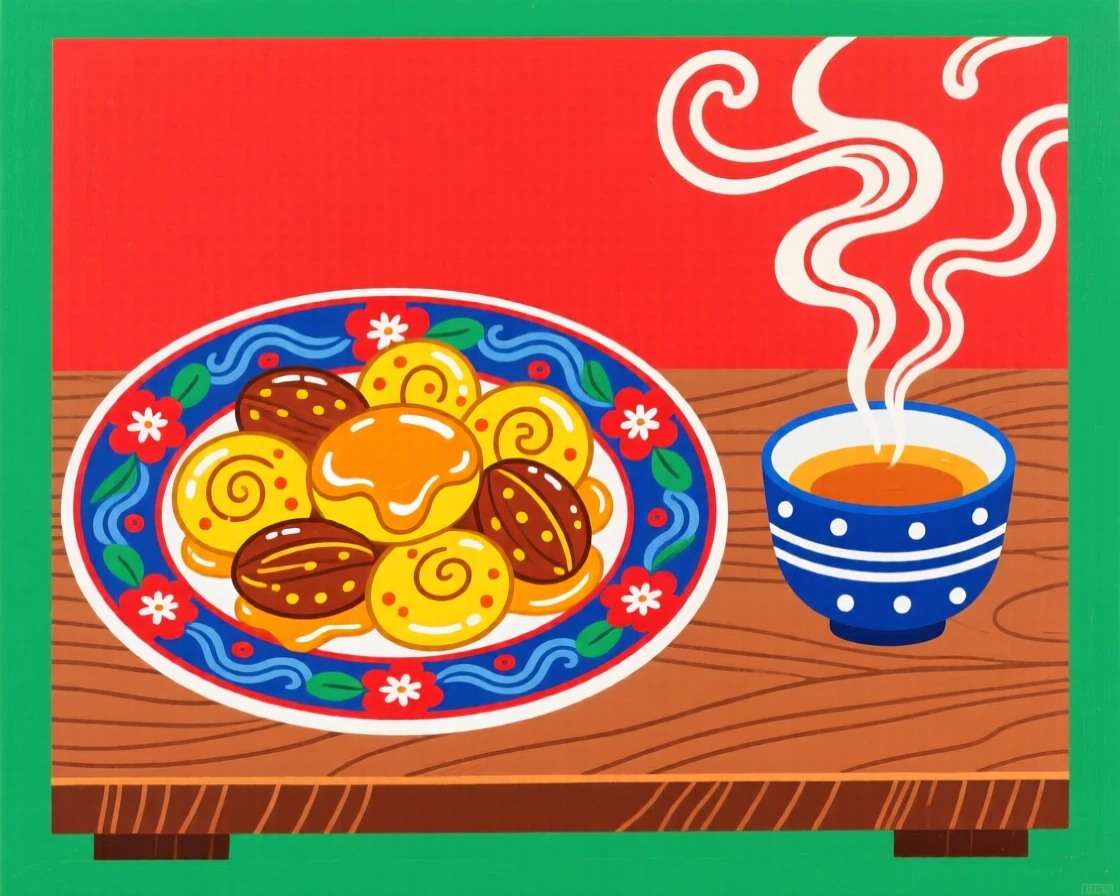 A plate of honey-glazed nuts beside a cup of warm tea.