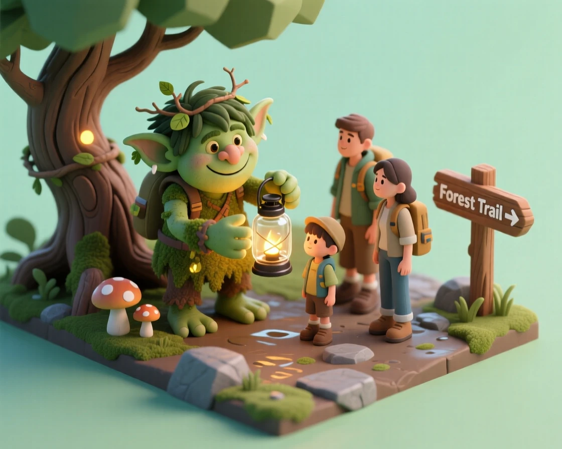A friendly forest troll helping lost hikers find their way using a lantern made from a firefly jar.