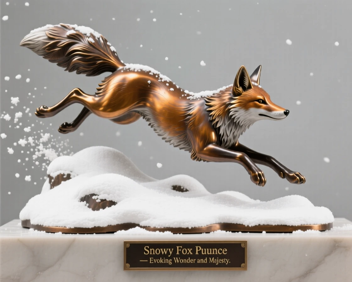 A snowy fox pouncing playfully through fresh powder, rendered with rich, dynamic energy, evoking wonder and majesty
