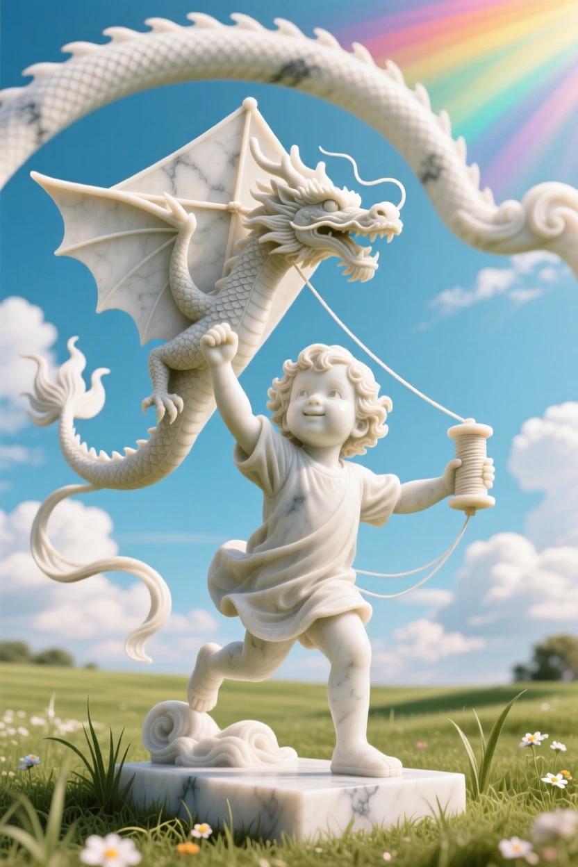 An evocative depiction of a child flying a kite shaped like a dragon, under a brilliant, colorful sky, balancing detail with emotional depth