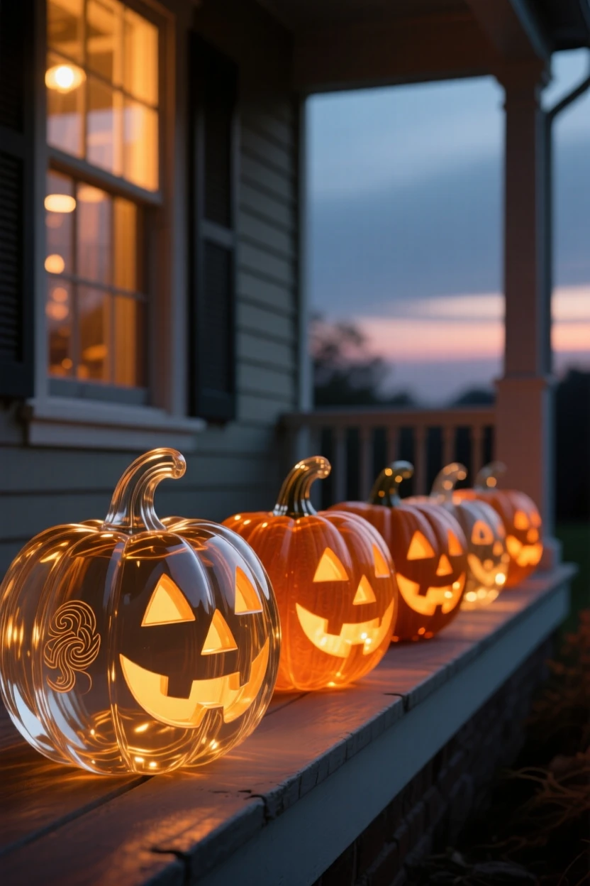 With warm light glowing from every window, a row of carved pumpkins glowing on a porch at dusk