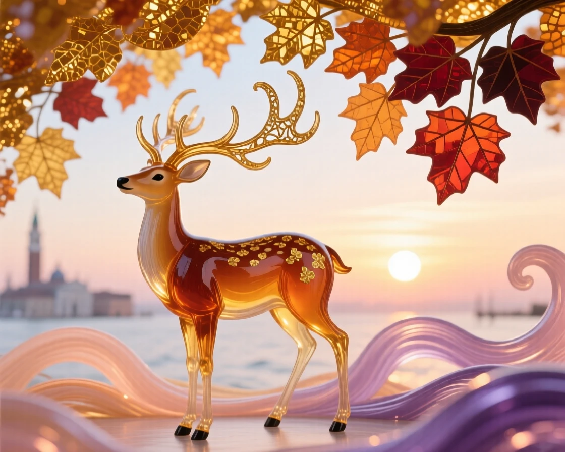 A lone deer standing beneath a canopy of golden autumn leaves at sunrise, serene and majestic.