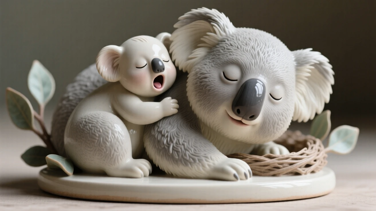 A sleepy baby koala clinging to its mother's back captured mid-yawn in a sleepy, sweet moment, surrounded by soft, cozy textures, conveying gentle warmth perfect for any family space.