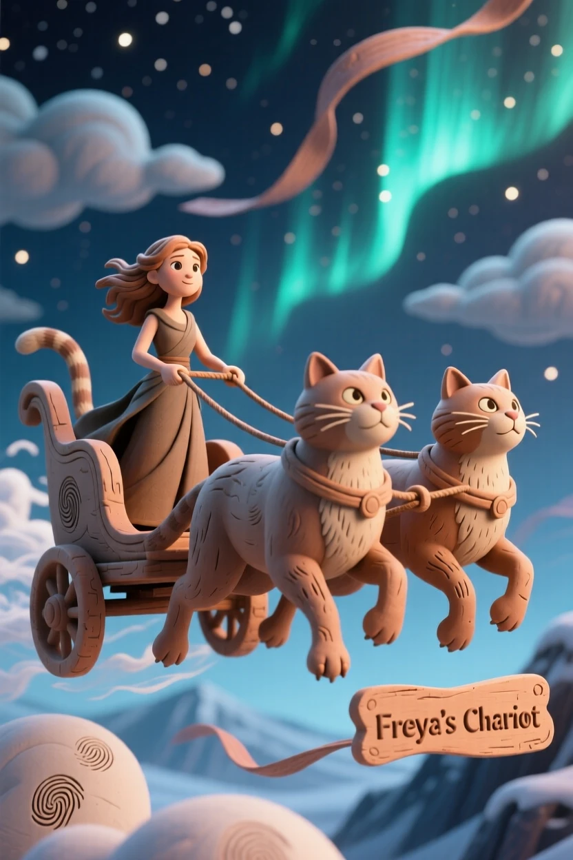 Freya's chariot pulled by two great cats through northern skies