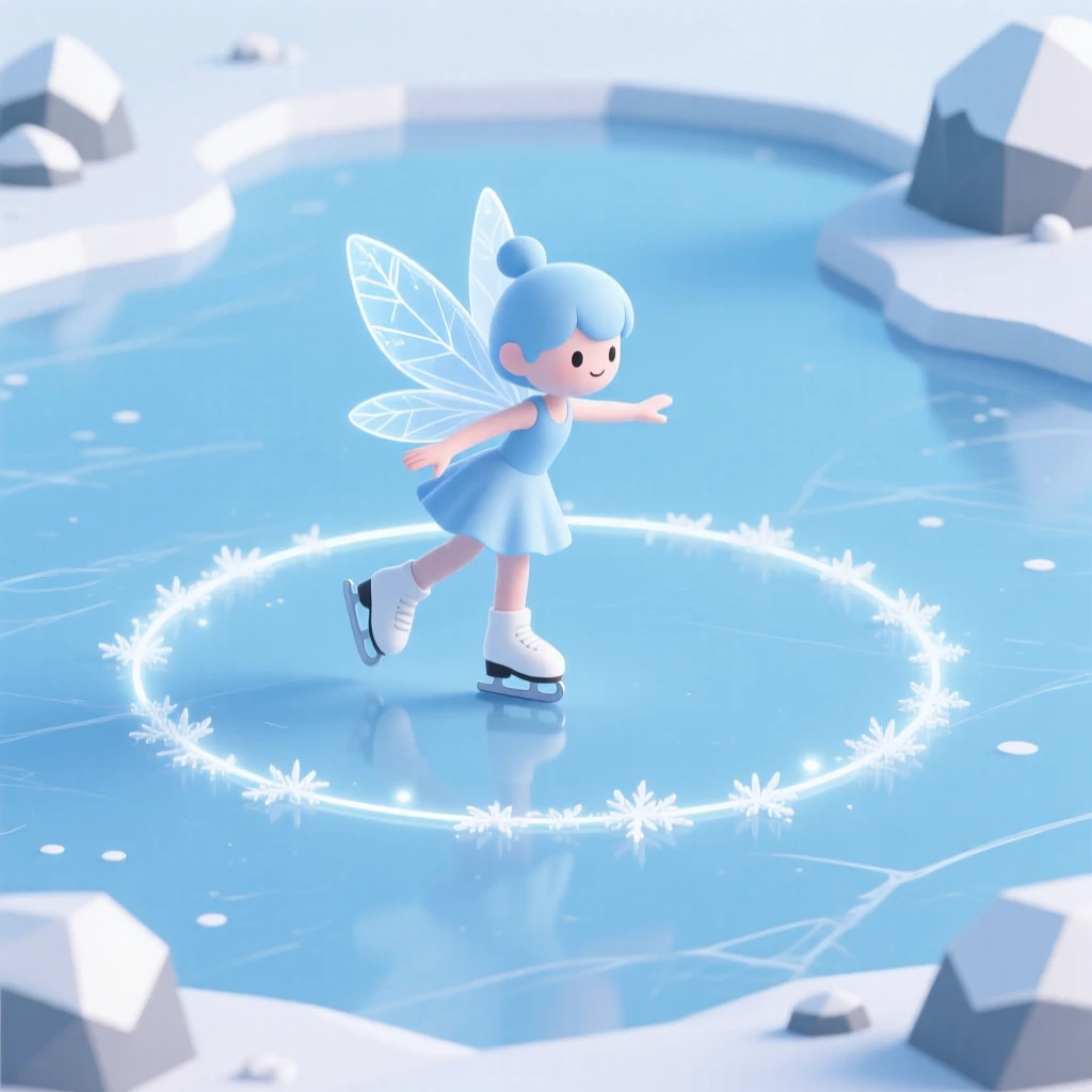 A playful ice fairy skates figure eights across a frozen pond, leaving trails of sparkling frost.