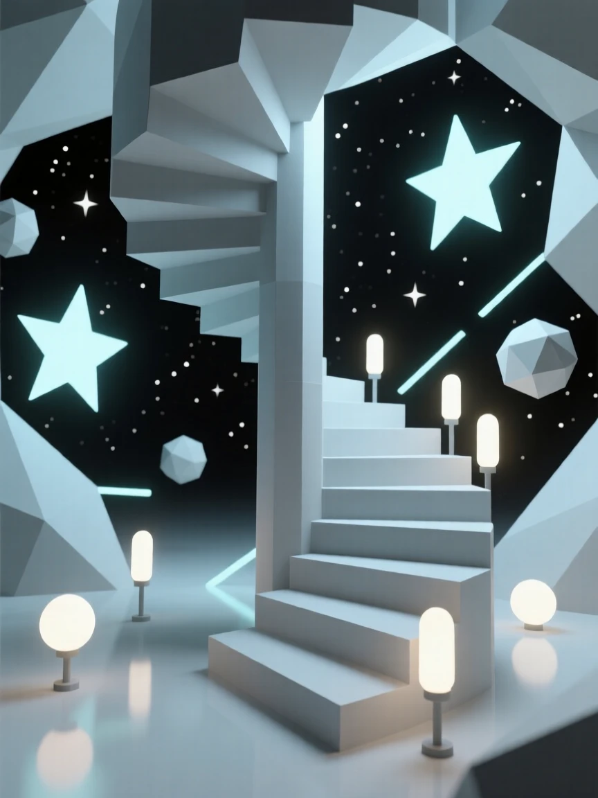 A surreal staircase spiraling into a starry void, surrounded by glowing bioluminescent light. reflections and light rays add a layer of visual depth. A sense of quiet wonder fills the cosmos.