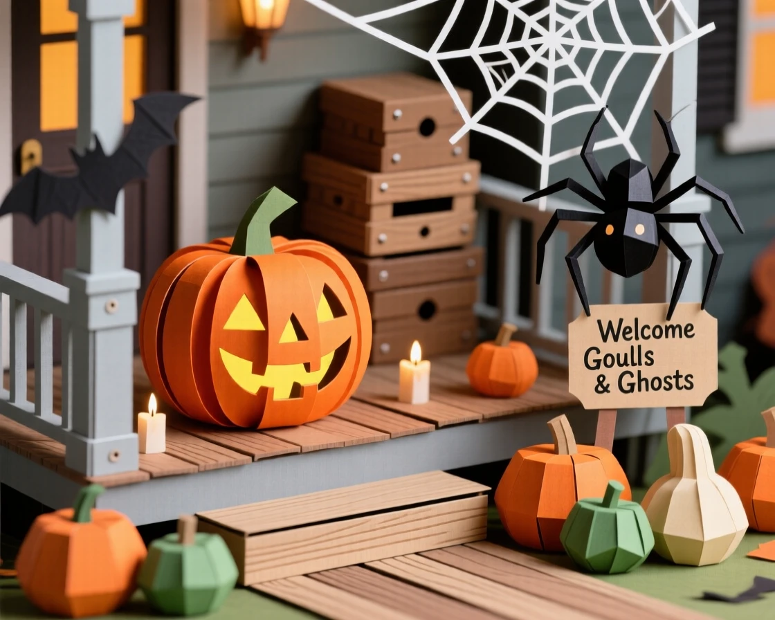 A spooky Halloween porch display bustling with festive cheer, with fireworks bursting colorfully overhead, evoking nostalgic seasonal magic.