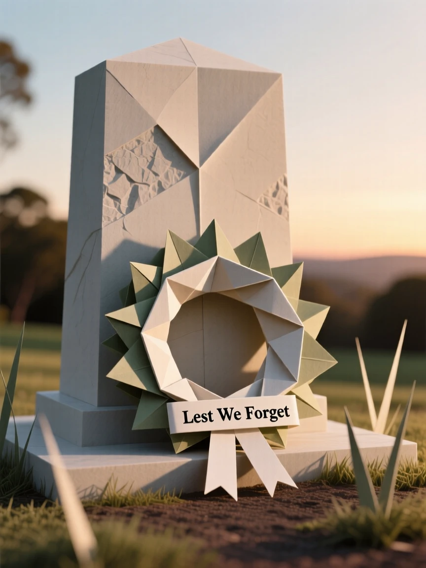 A Australian Anzac Day dawn service scene with a wreath laid at a quiet memorial.