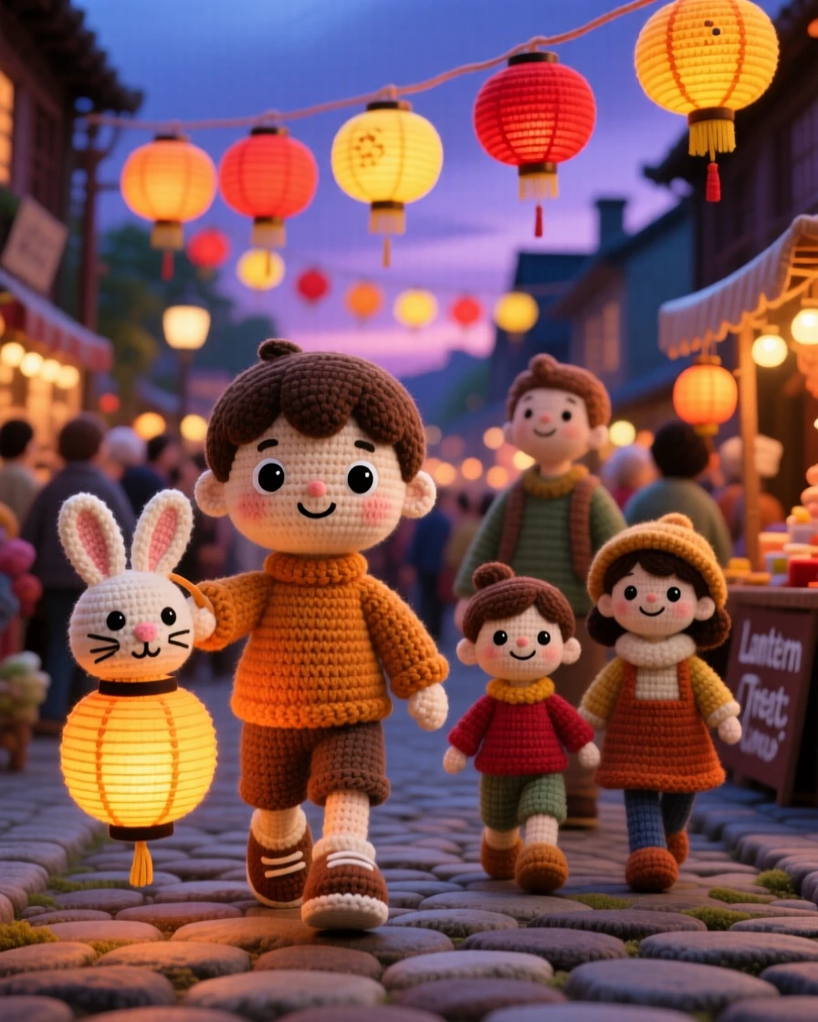 a small boy carrying a paper lantern shaped like a rabbit, for a moon festival, walking beside his family at dusk, at a bustling street decorated for a festival, with a row of glowing lanterns lining the path, radiating joyful community celebration and shared tradition.
