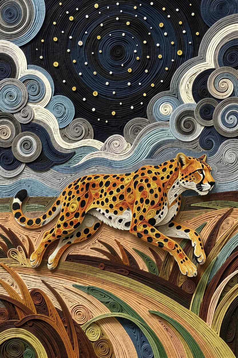a cheetah mid-sprint chasing across the savanna, beneath a vast star-filled night sky, shot from a low, powerful ground-level angle, in the dramatic contrast of a stormy sky.