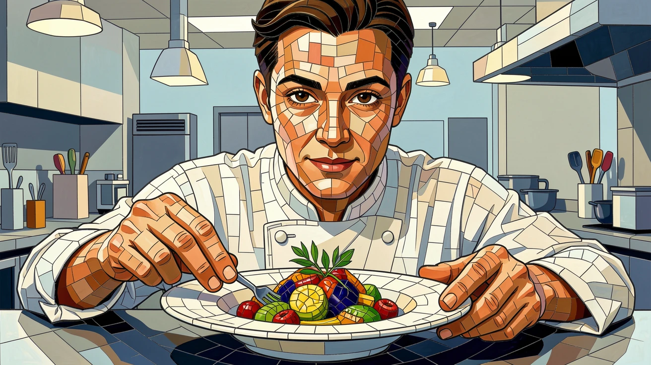 A close-up emotional portrait of a chef plating an elegant dish in a bustling professional kitchen, with striking eyes and gentle expression.