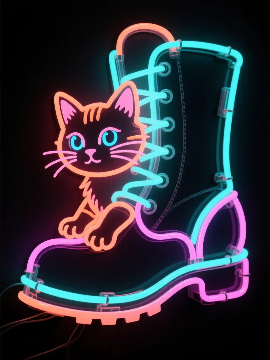 A kitten peeking out from inside an oversized boot.