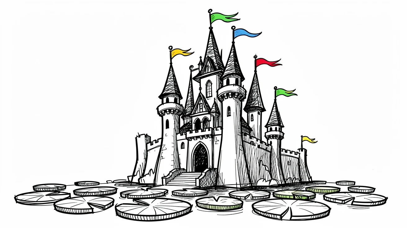 A towering castle with colorful flags on every turret beside a moat full of lily pads.