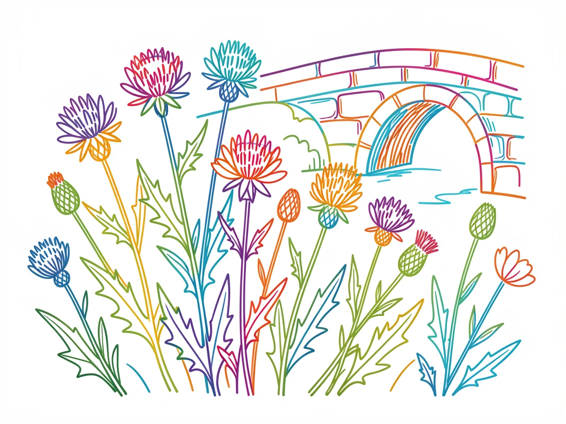 A field of wild thistles swaying beside an old stone bridge.