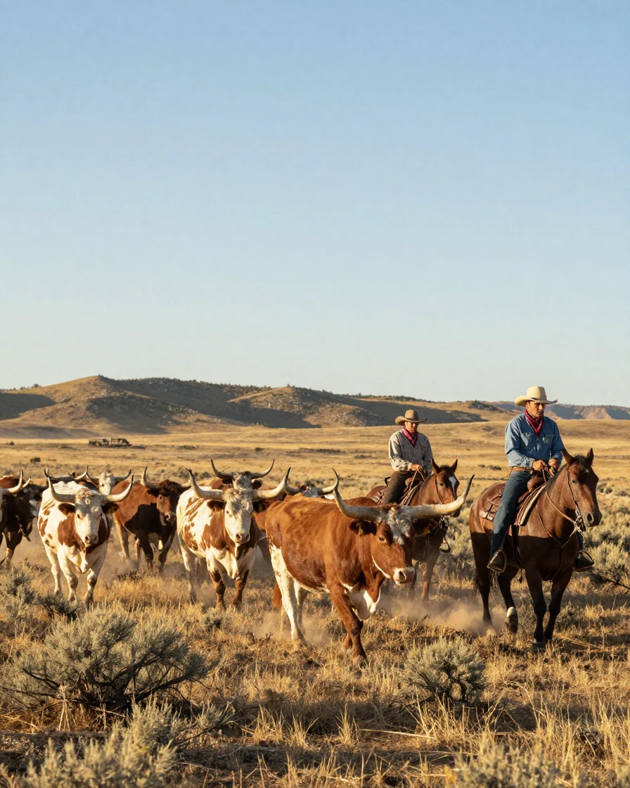 A Texas longhorn cattle drive across open ranchland