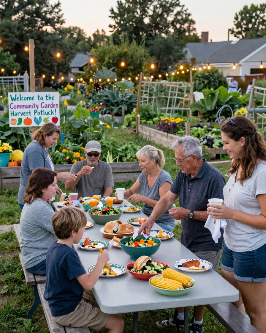 A community garden hosts a harvest potluck with tables spread beneath string lights.