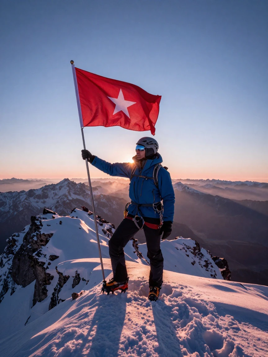 A mountaineer planting a flag on a snow-capped summit at sunrise