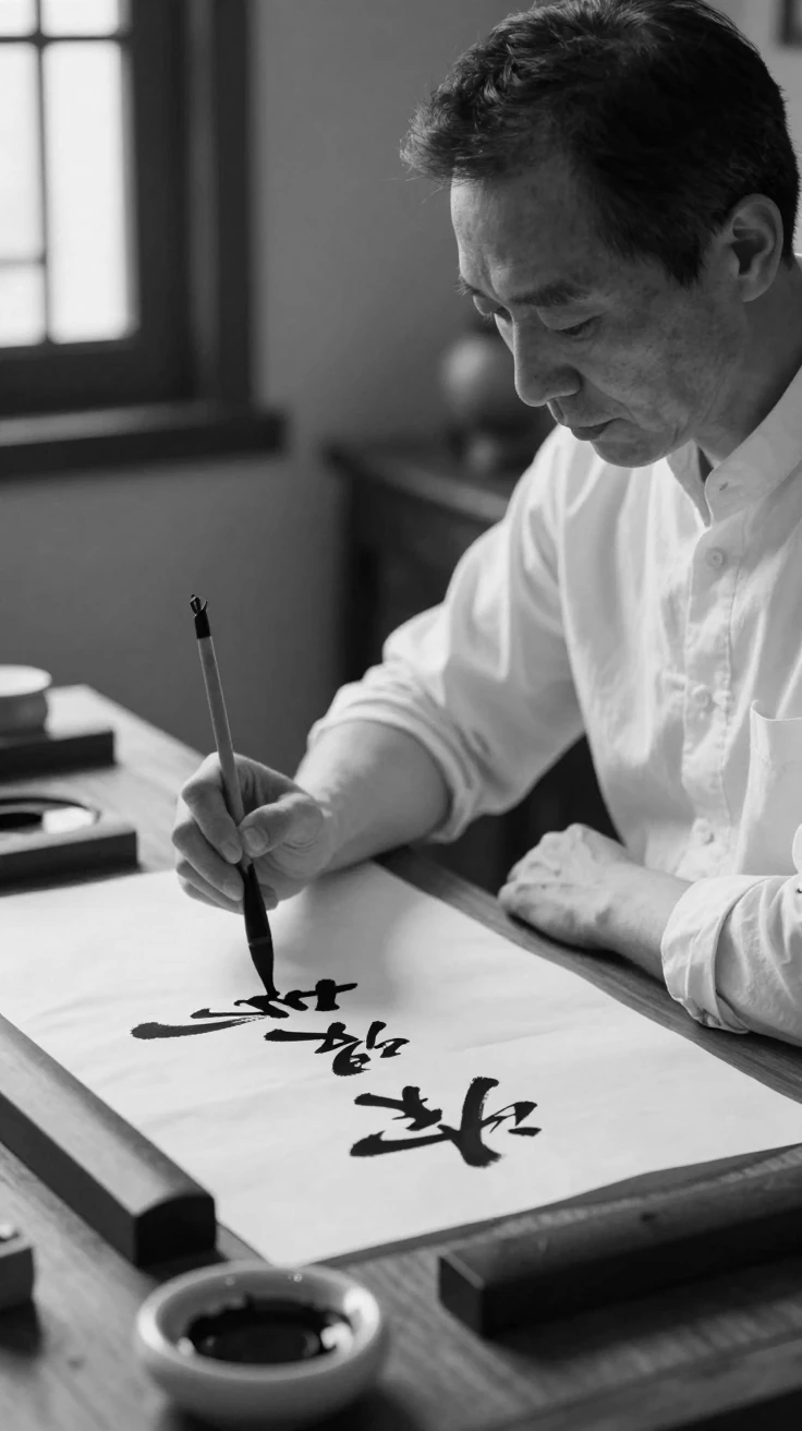 A calligrapher brushes elegant characters onto rice paper at a quiet writing desk.