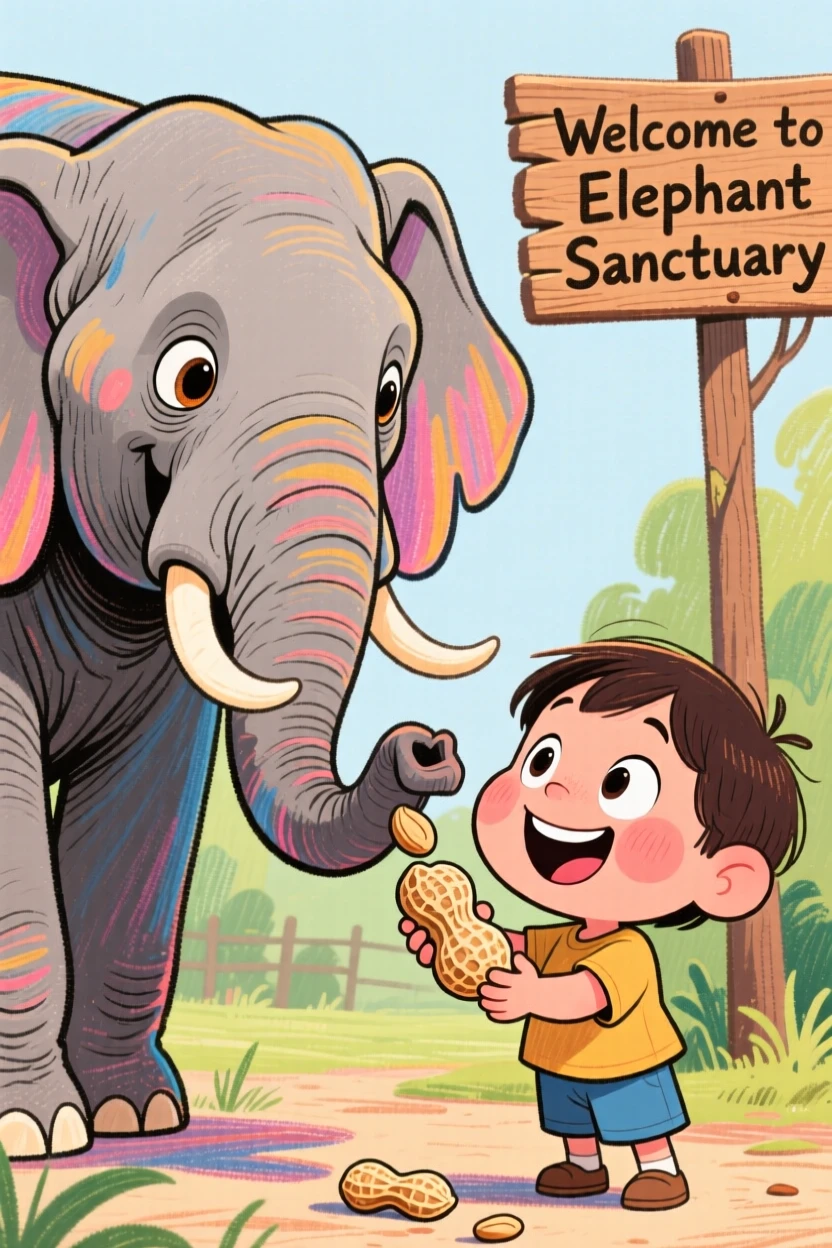 A child feeding peanuts to a friendly elephant at a sanctuary.
