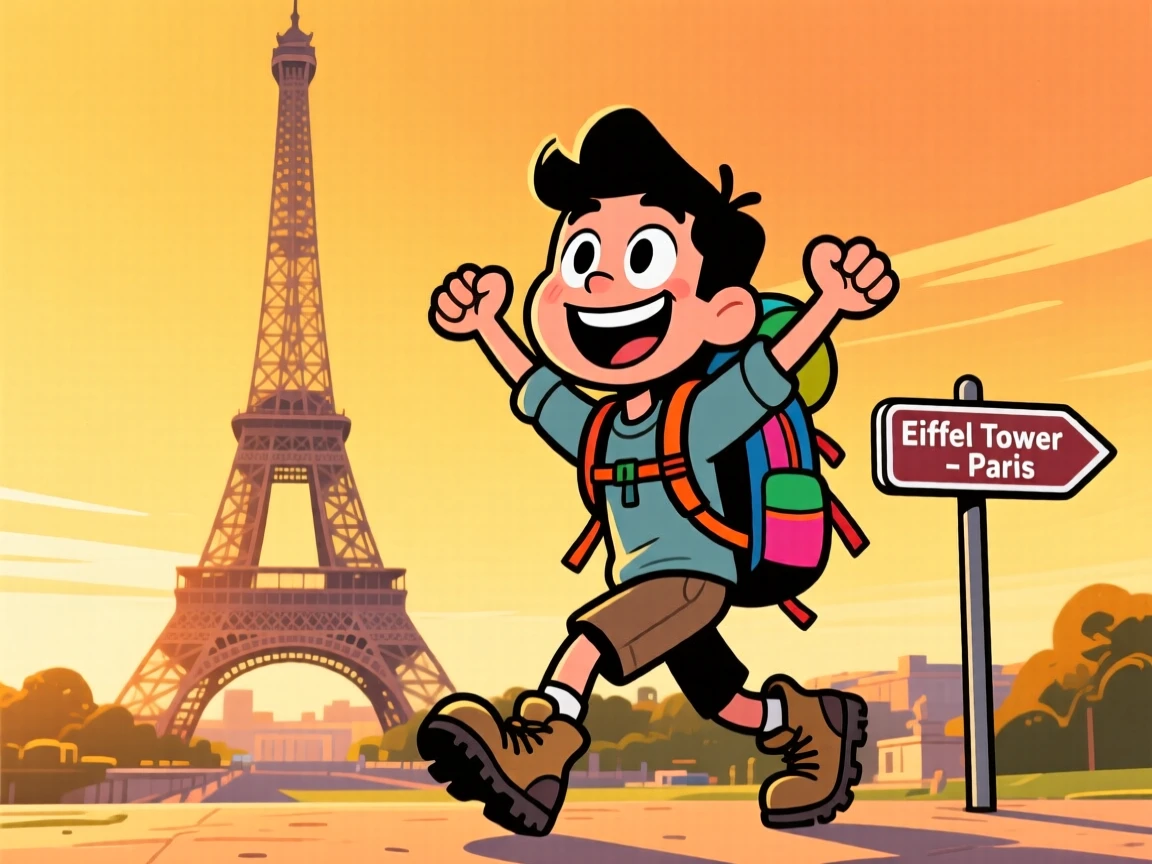 An iconic travel scene featuring a solo backpacker posing joyfully in front of the Eiffel Tower, as the golden afternoon light glows around them.