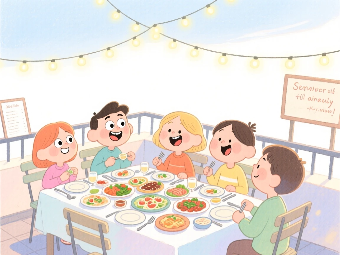 A cozy, appetizing, bright and cheerful scene of a rooftop dinner table strung with fairy lights