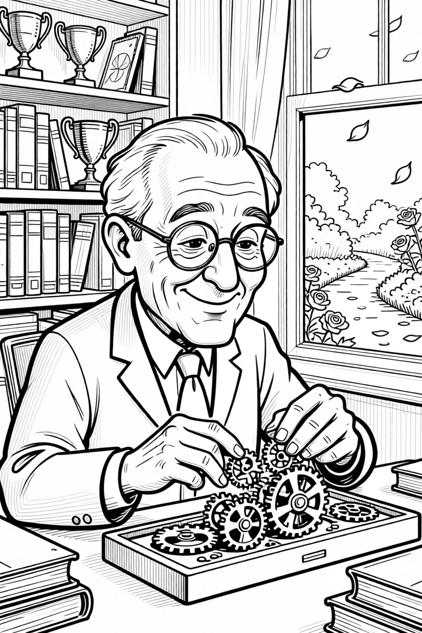 An old librarian recommending a favorite dusty novel, adjusting tiny gears with surprising precision, set in a den lined with dusty trophies. Rose petals drift gently onto the garden path. It feels like a living memory, cherished and ongoing.